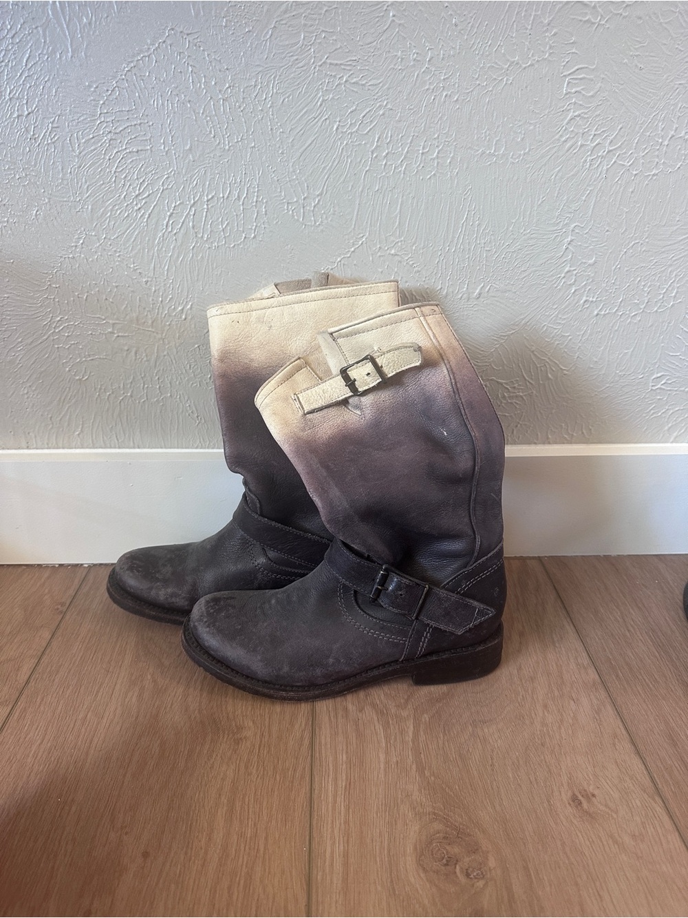 Freebird by Steven Ombre Mid-Calf Buckle Boots in Cream and Gray